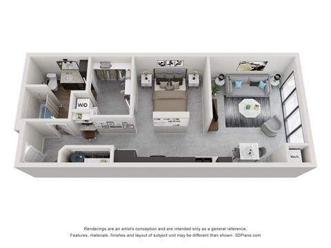 A 3D floor plan of a small apartment with a kitchen, living room, and bathroom.